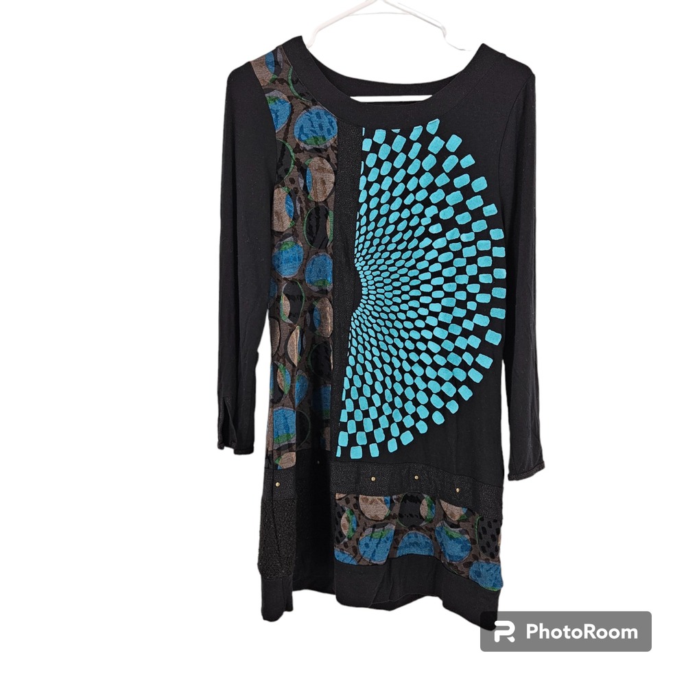 Dolcezza Tunic Dress Blue Black Long Sleeve Art To Wear Artsy Pullover Size XS